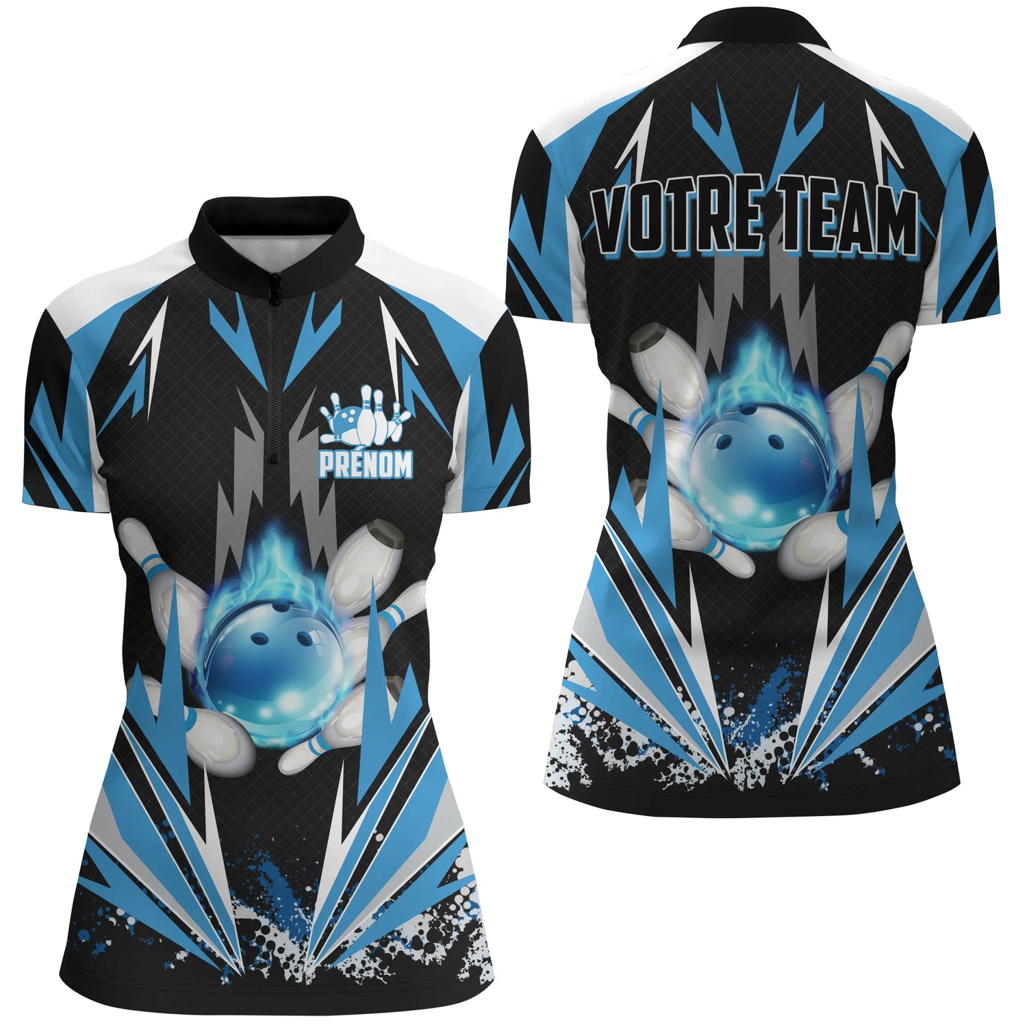 Maillot de Bowling Personnalisé - Homme & Femme - Votre Prénom & Équipe - Rouge, Bleu ou Violet - A05092424 - polo femme bleu