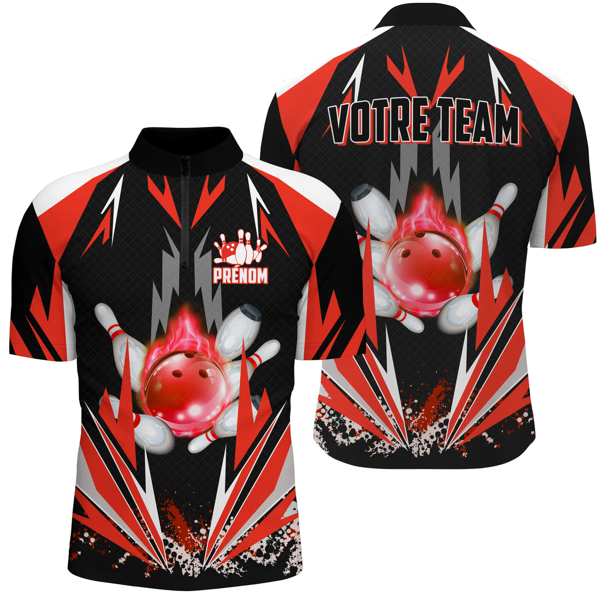 Polo zippé bowling personnalisé homme rouge noir et blanc avec éclats géométriques et boule rouge enflammée