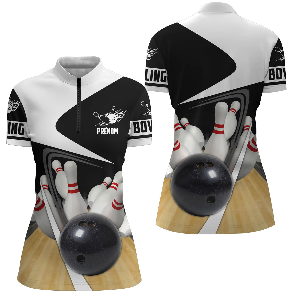 Polo zippé bowling personnalisé homme noir et blanc avec design 3D boule et quilles, col montant 1/4 zip