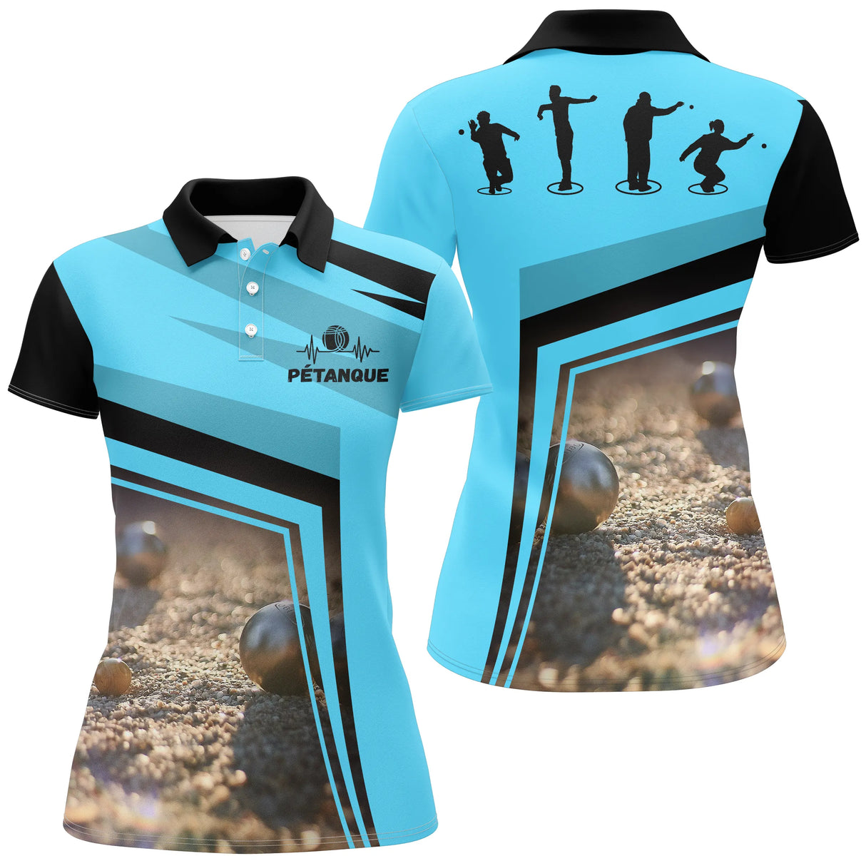 Polo pétanque Homme cyan et noir motif boules silhouette bouliste lancer et prénom manche