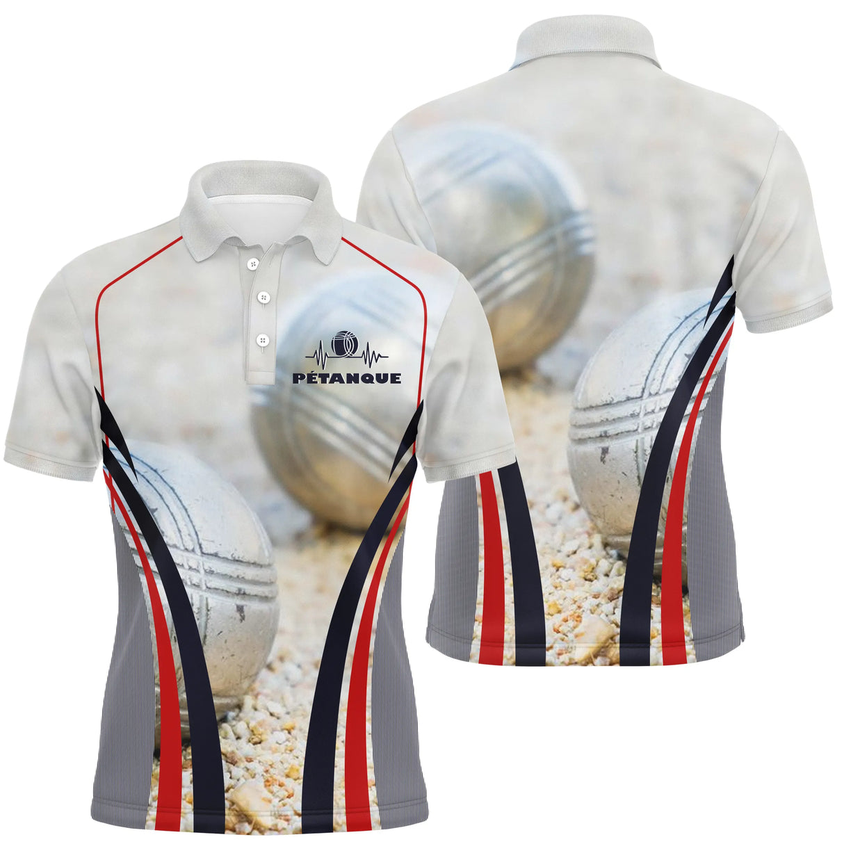 Polo pétanque Femme blanc gris avec photo réelle de boules liserés rouge et marine et prénom