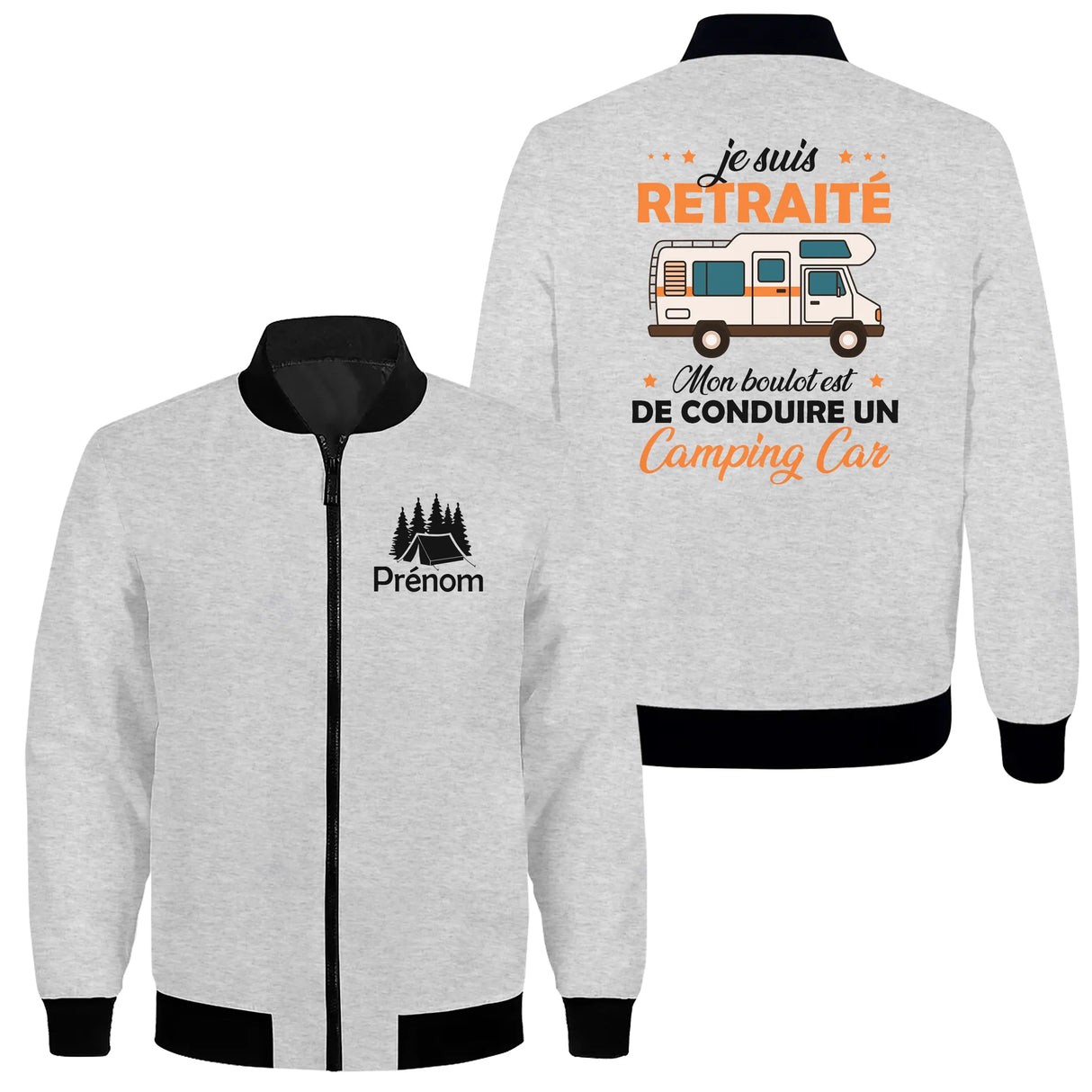 Veste zippée retraité camping-car grise avec slogan Mon boulot conduire camping-car orange