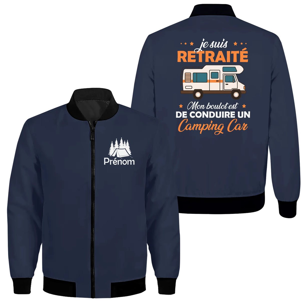 Veste zippée retraité camping-car bleu marine avec slogan Je suis retraité camping-car beige
