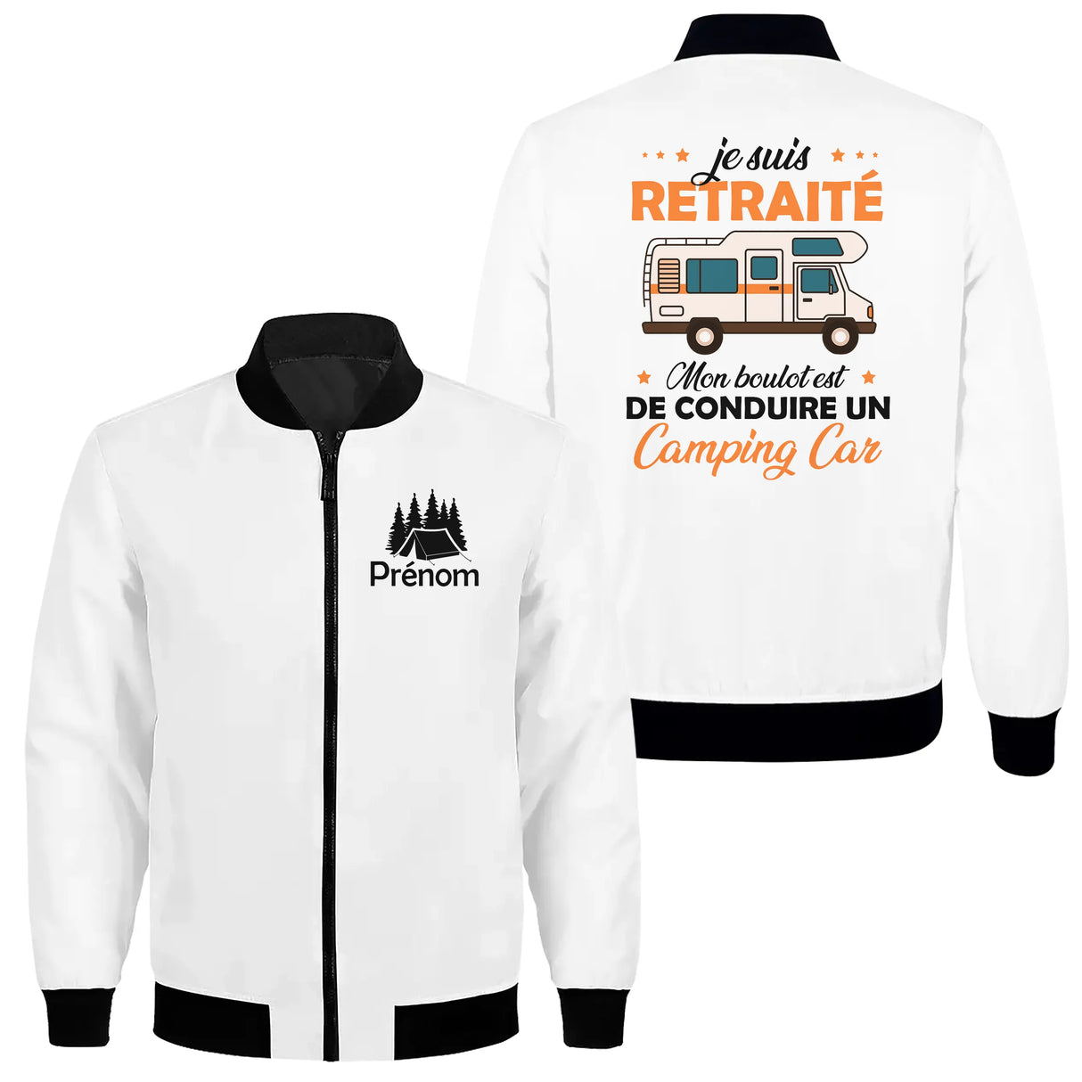 Veste zippée retraité camping-car blanche avec slogan Mon boulot conduire camping-car