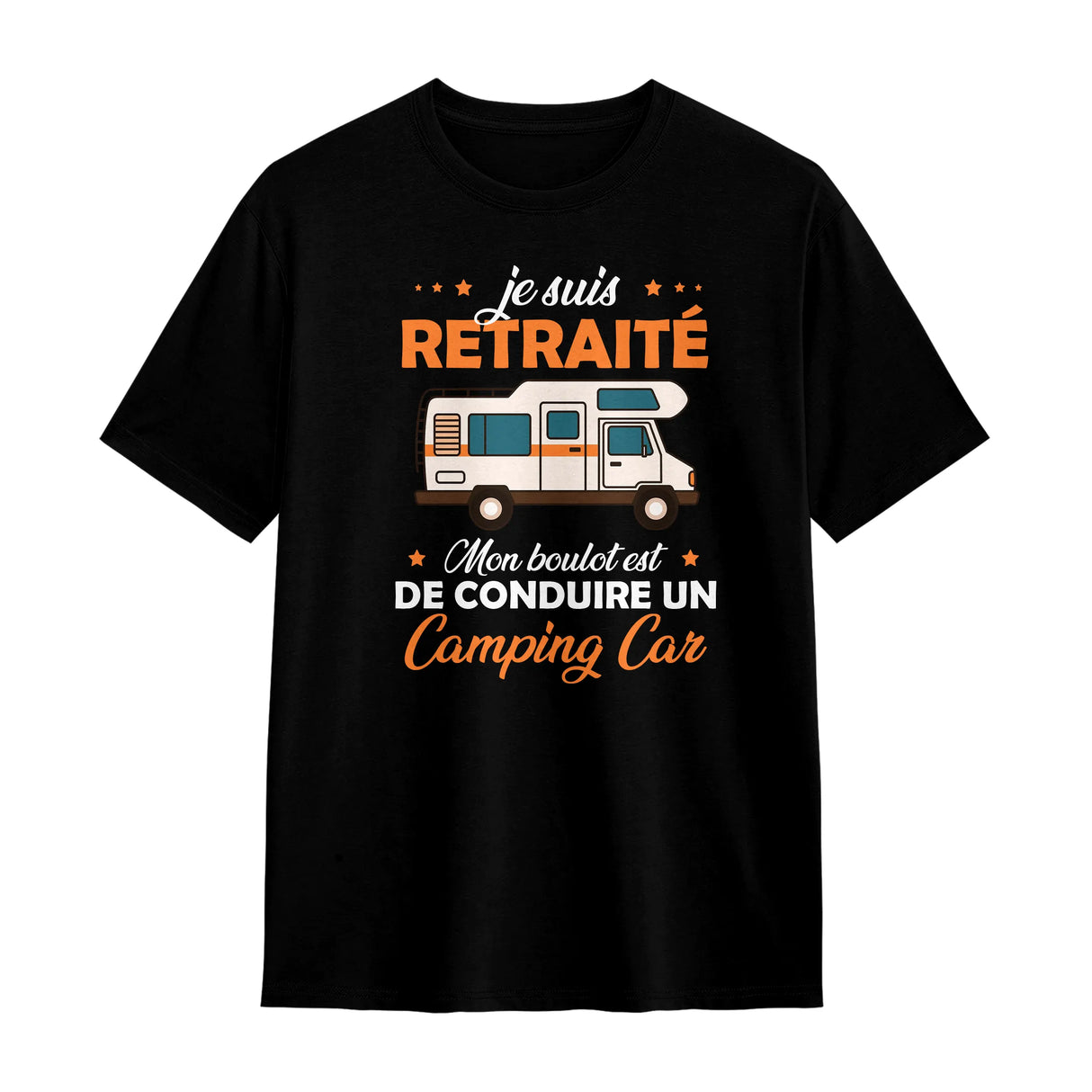 T-shirt retraité camping-car noir avec slogan Mon boulot conduire camping-car typographie orange