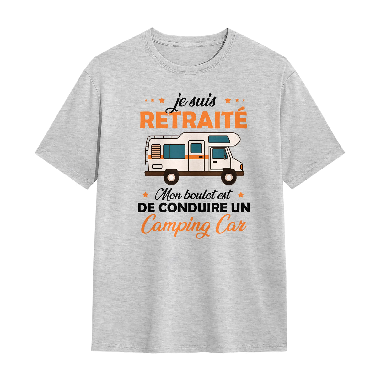 T-shirt retraité camping-car gris avec slogan Je suis retraité voyage et camping-car beige