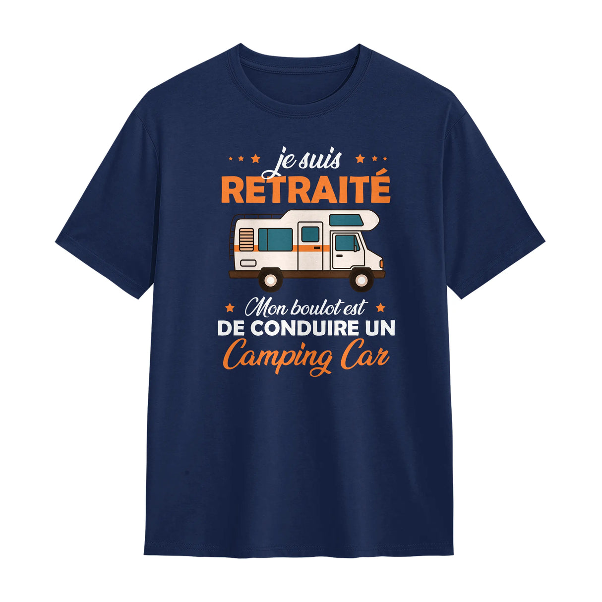 T-shirt retraité camping-car bleu marine avec slogan Je suis retraité voyage et camping-car stylisé