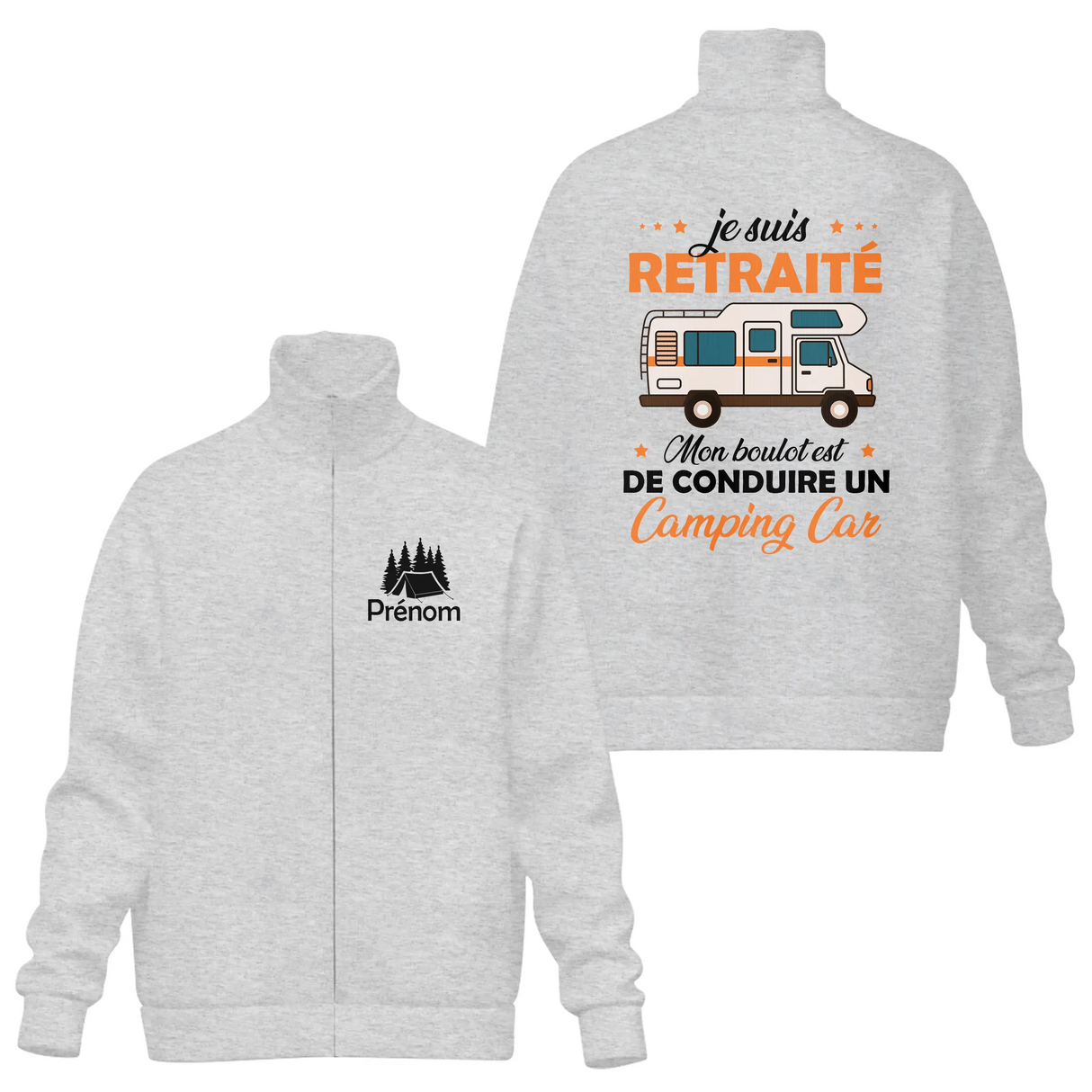 Veste col montant retraité camping-car grise avec slogan Je suis retraité voyage et camping-car