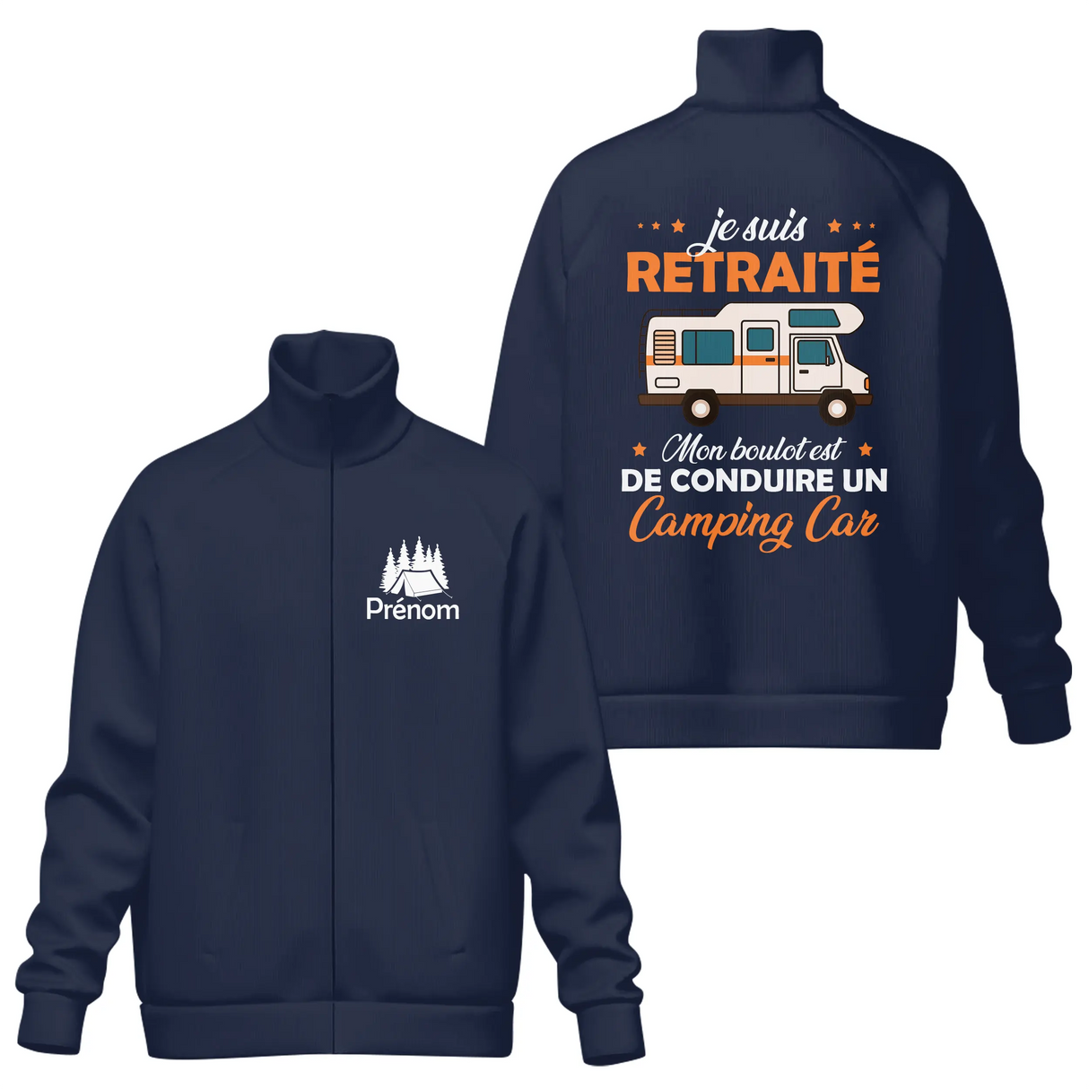 Veste col montant retraité camping-car bleu marine slogan Mon boulot conduire camping-car