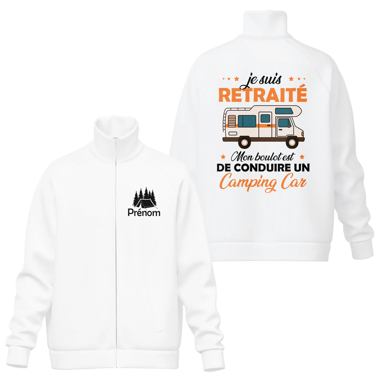 Veste col montant retraité camping-car blanche slogan Je suis retraité voyage liberté