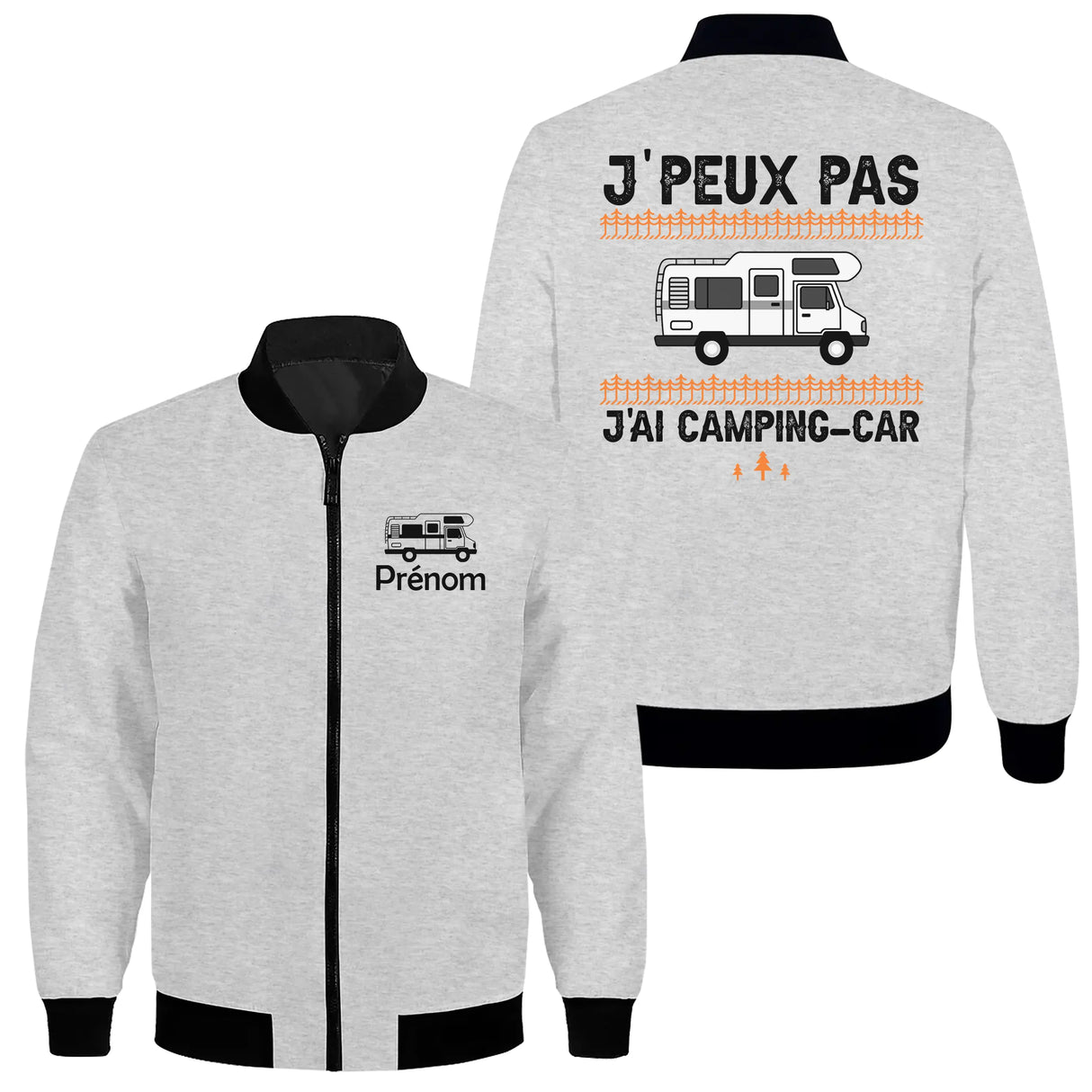 Veste zippée camping-car grise avec slogan J'peux pas j'ai camping-car typographie noire