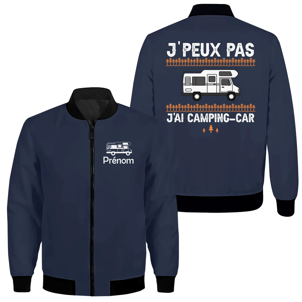 Veste zippée camping-car bleu marine avec slogan J'peux pas j'ai camping-car et van stylisé