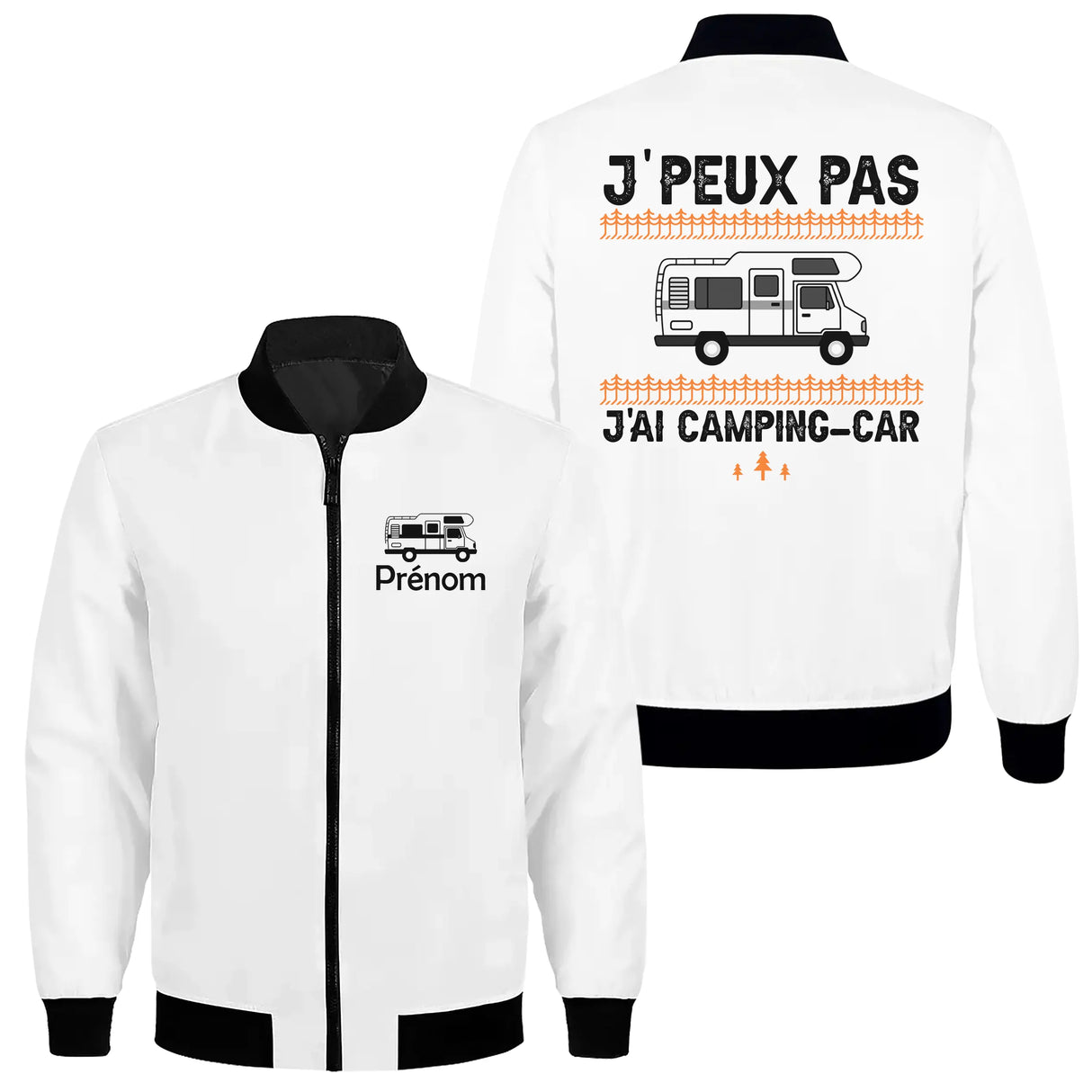 Veste zippée camping-car blanche avec slogan J'peux pas j'ai camping-car barrières aires