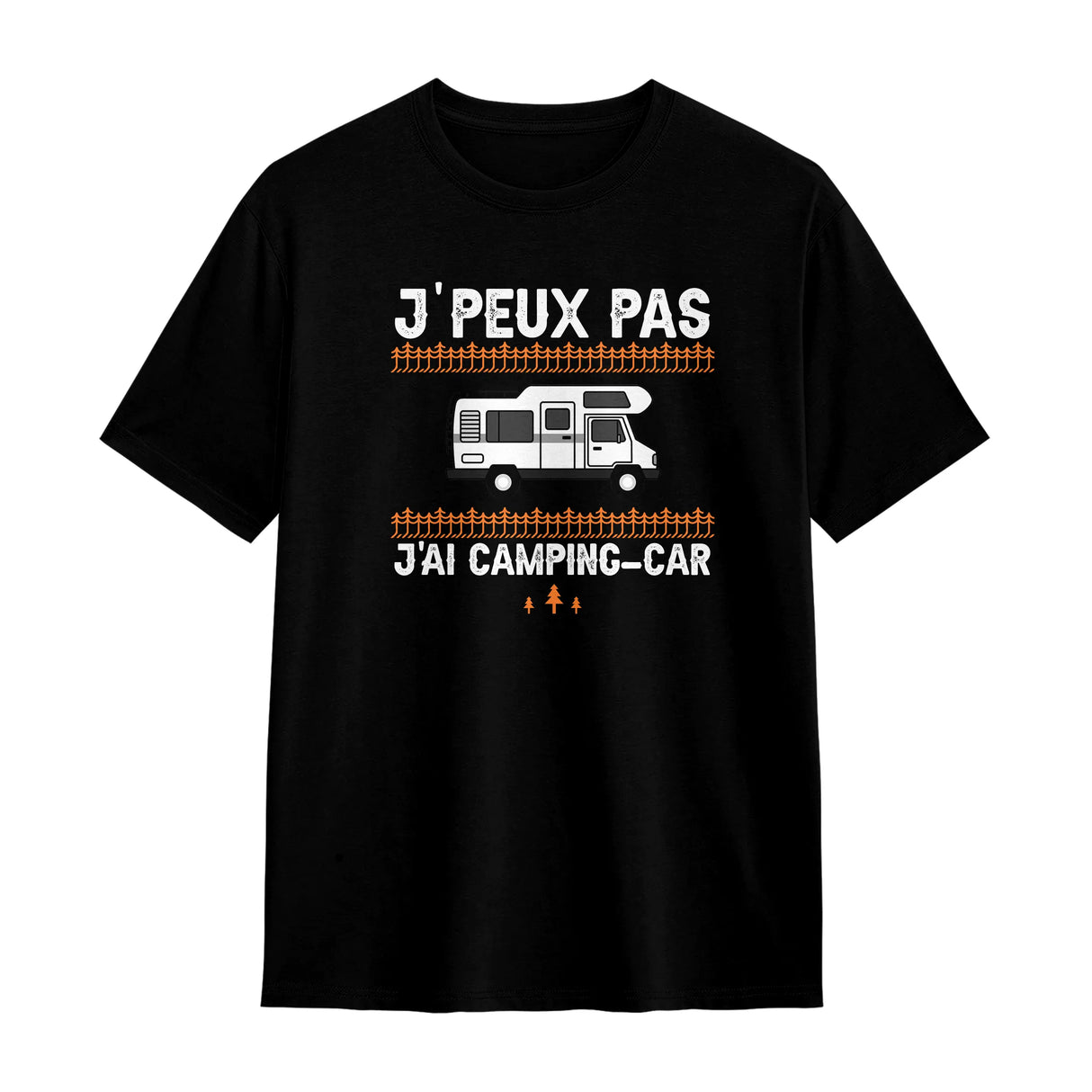 T-shirt camping-car noir avec slogan J'peux pas j'ai camping-car typographie orange et van