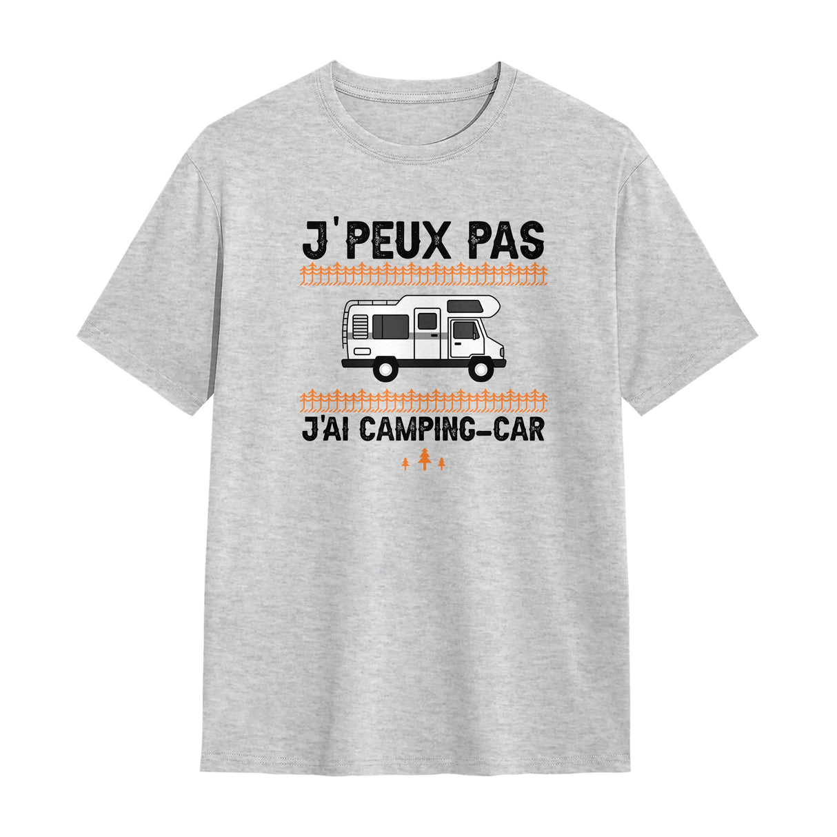 T-shirt camping-car gris avec slogan J'peux pas j'ai camping-car van stylisé et barrières