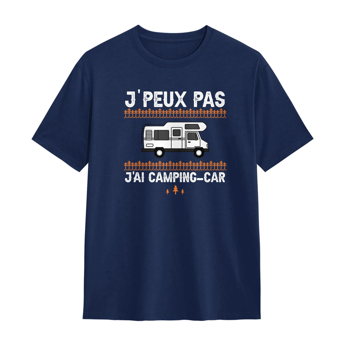 T-shirt camping-car bleu marine avec slogan J'peux pas j'ai camping-car et barrières orange