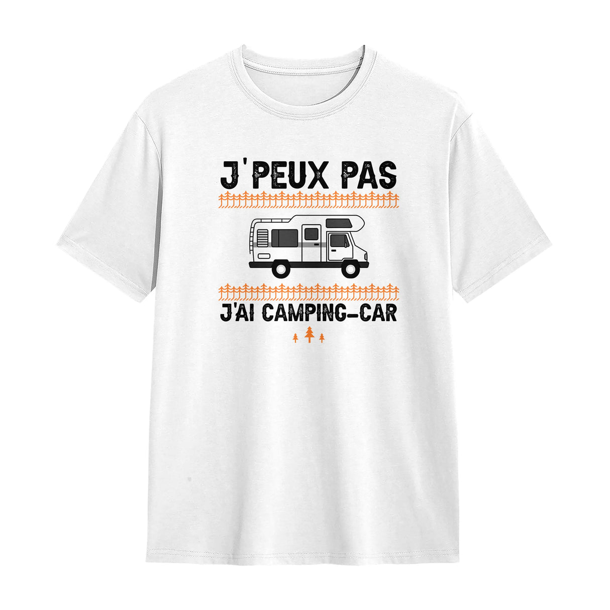 T-shirt camping-car blanc avec slogan J'peux pas j'ai camping-car typographie noire et van