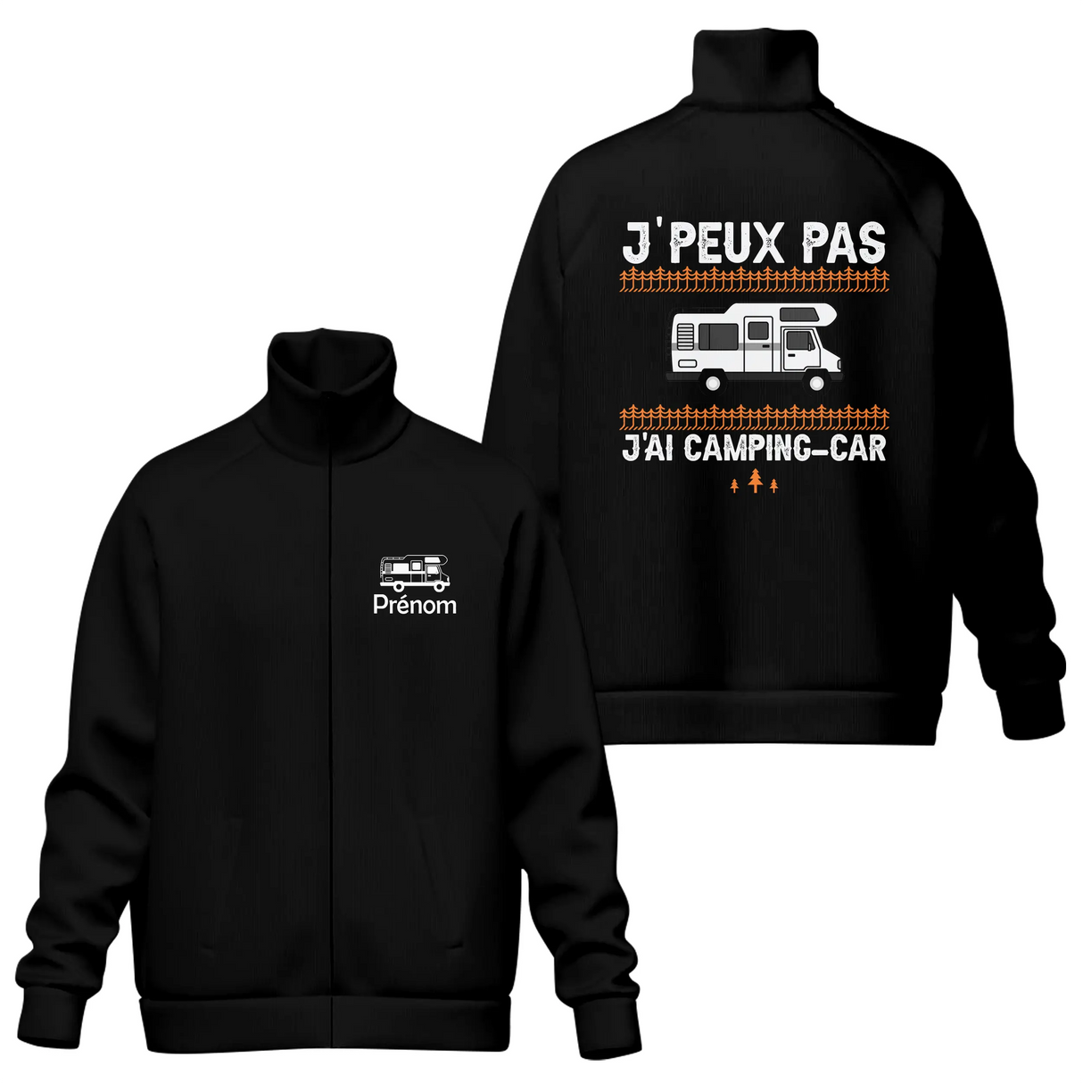 Veste col montant camping-car noire avec slogan J'peux pas j'ai camping-car typographie orange