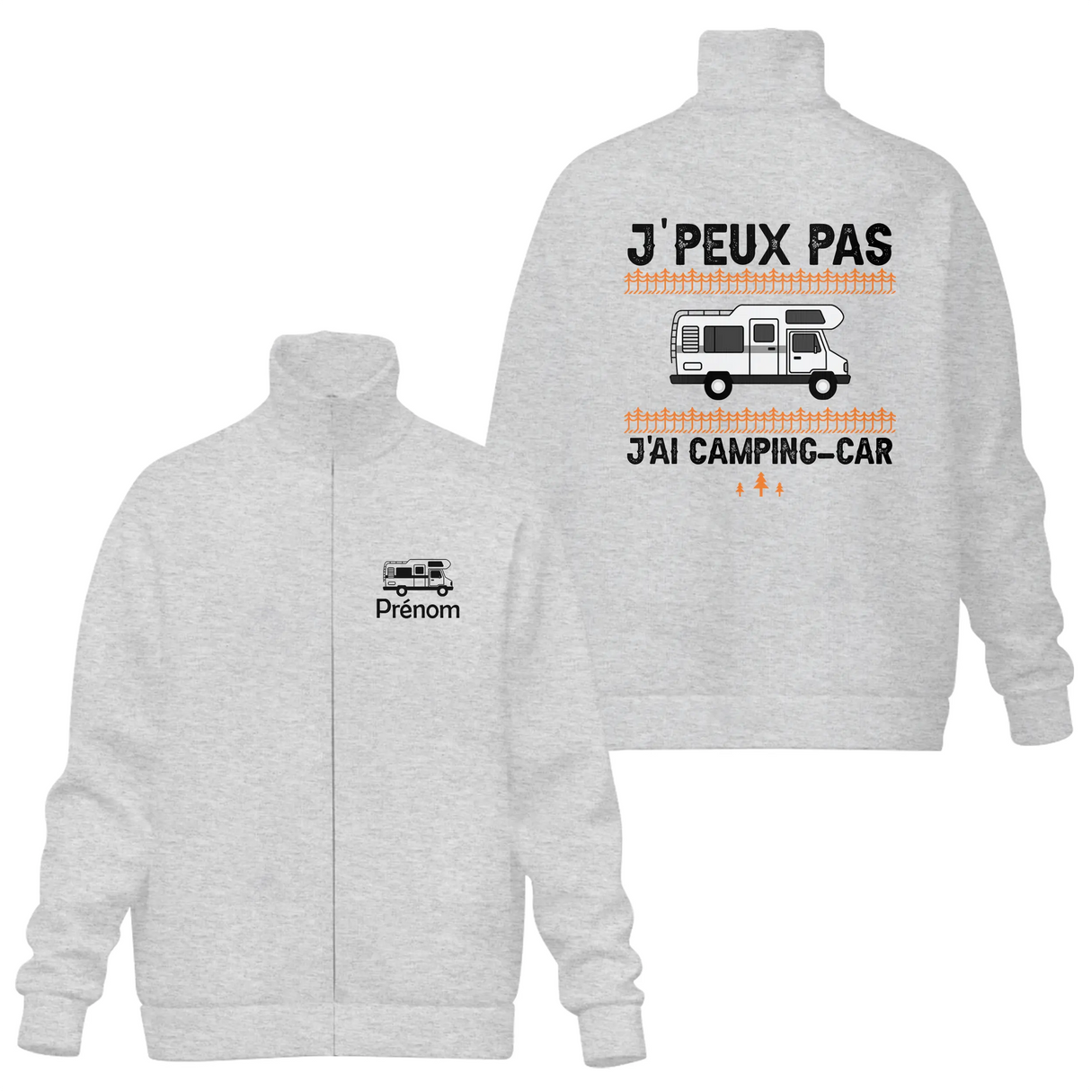 Veste col montant camping-car grise avec slogan J'peux pas j'ai camping-car barrières orange