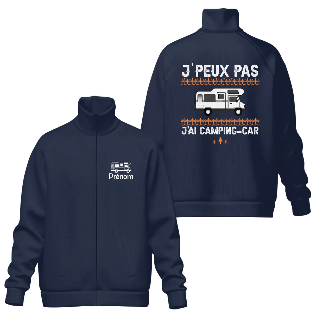 Veste col montant camping-car bleu marine slogan J'peux pas j'ai camping-car et van stylisé