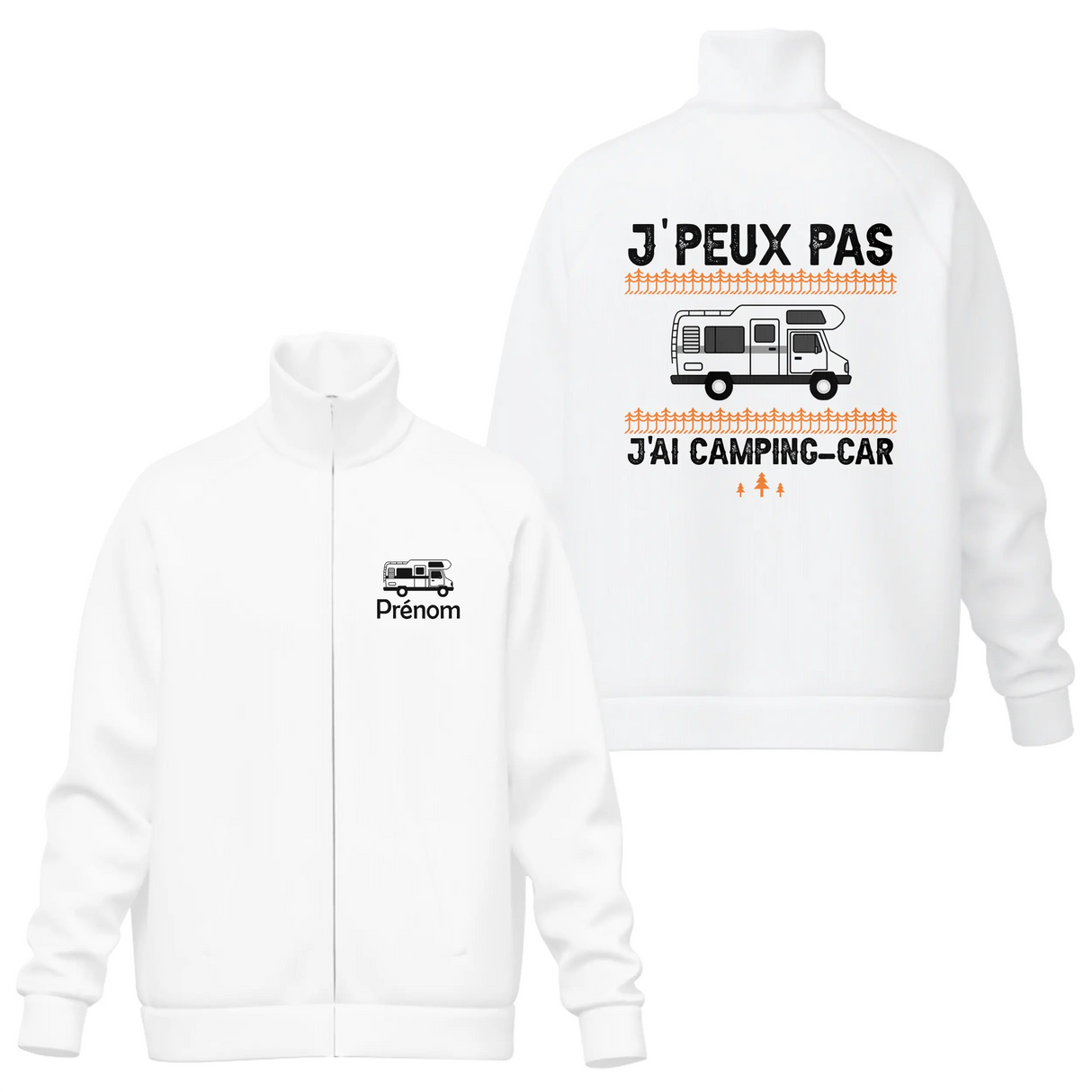 Veste col montant camping-car blanche slogan J'peux pas j'ai camping-car typographie noire