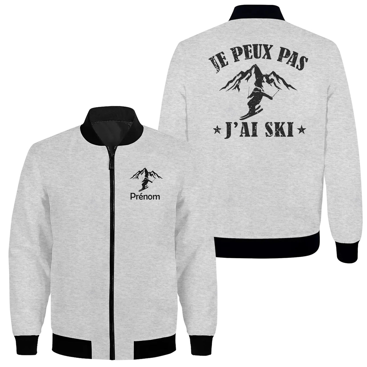 Veste zippée ski grise avec slogan J'peux pas j'ai ski montagnes stylisées typographie blanche
