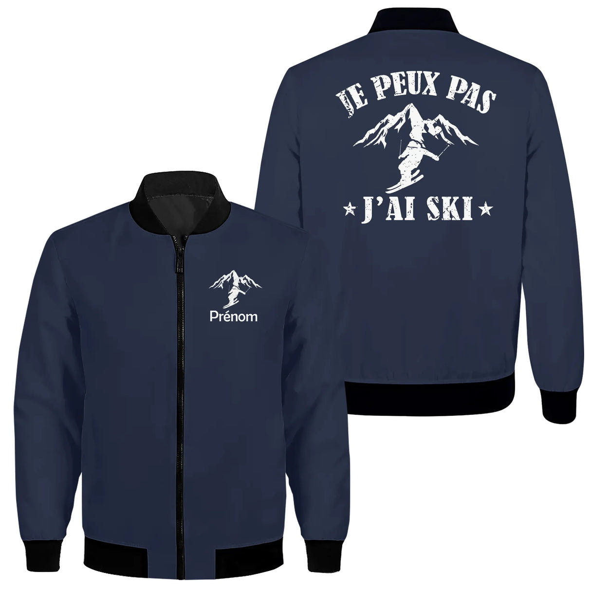 Veste zippée ski bleu marine avec slogan Je peux pas j'ai ski et silhouette skieur