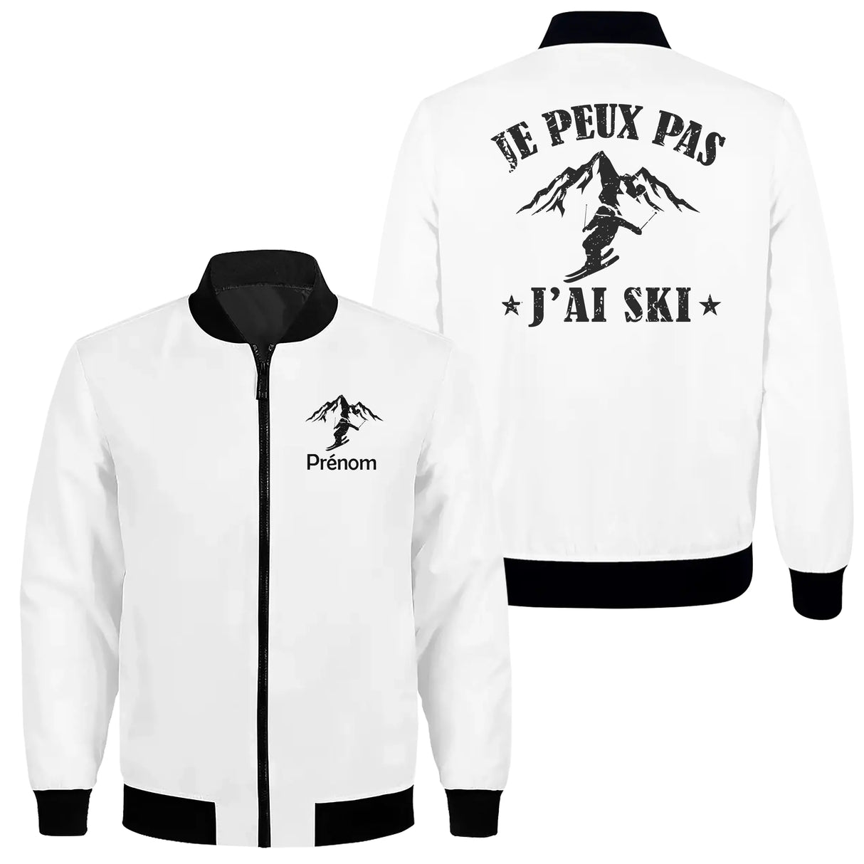 Veste zippée ski blanche avec slogan J'peux pas j'ai ski typographie noire et montagne