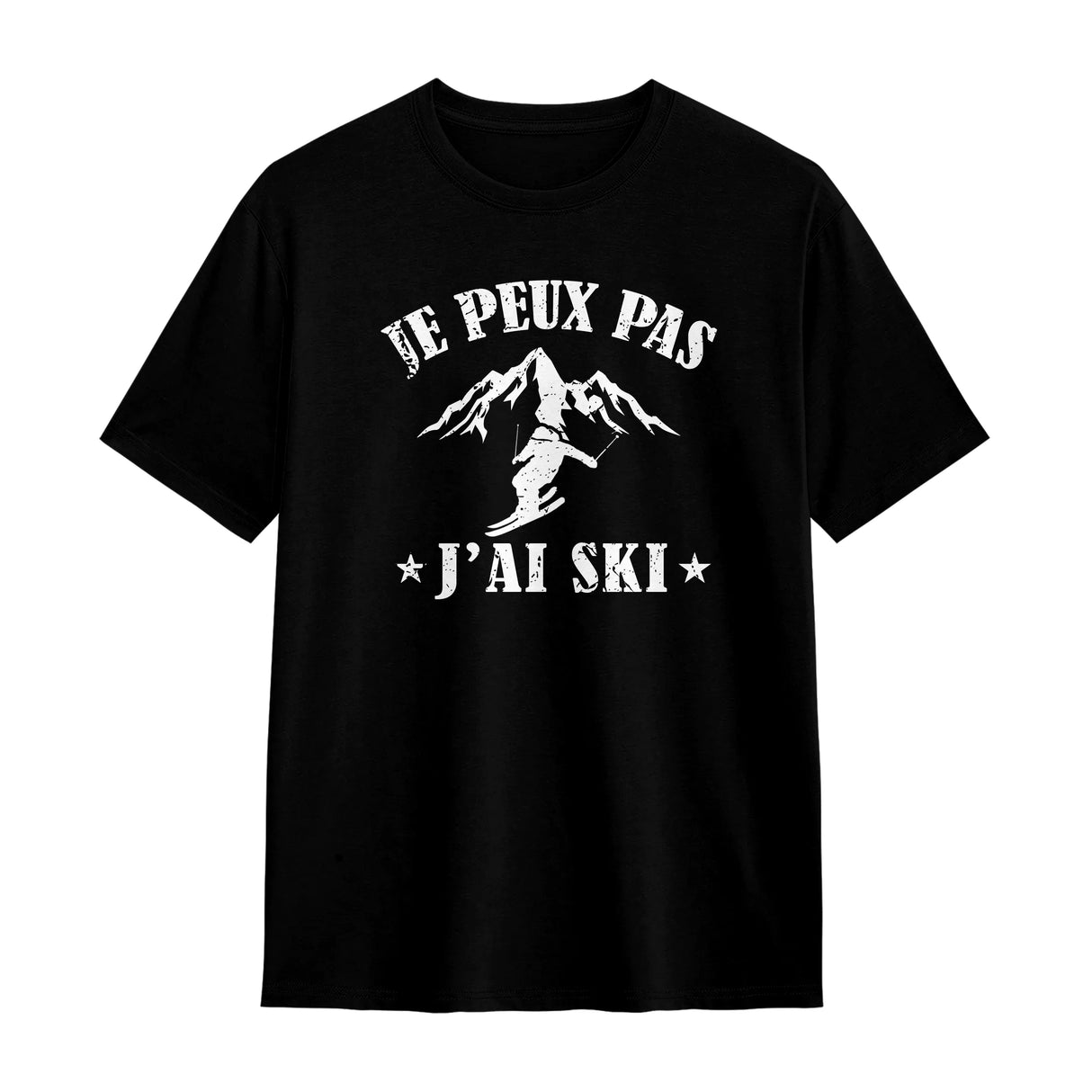T-shirt ski noir avec slogan J'peux pas j'ai ski typographie blanche montagne et skieur
