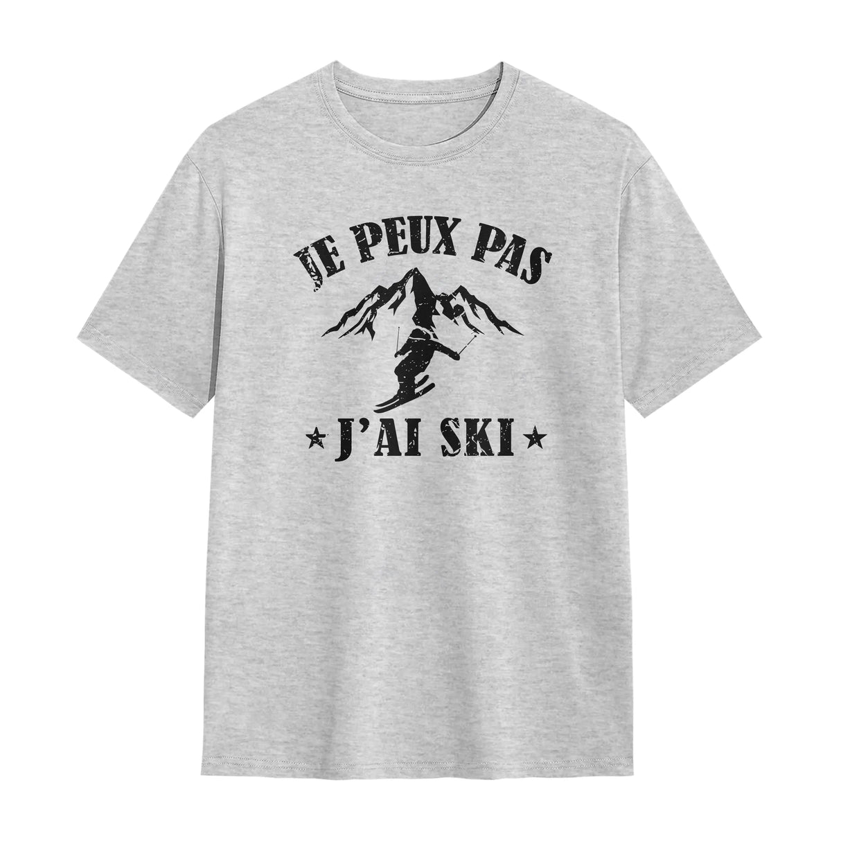 T-shirt ski gris avec slogan Je peux pas j'ai ski et silhouette skieur en virage typographie