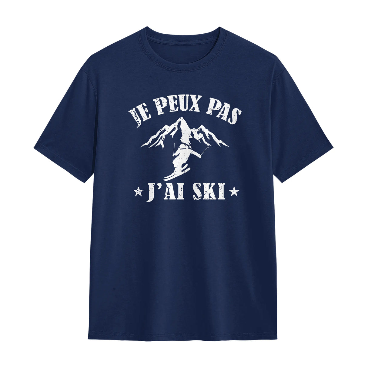 T-shirt ski bleu marine avec slogan J'peux pas j'ai ski montagne stylisée et skieur silhouette