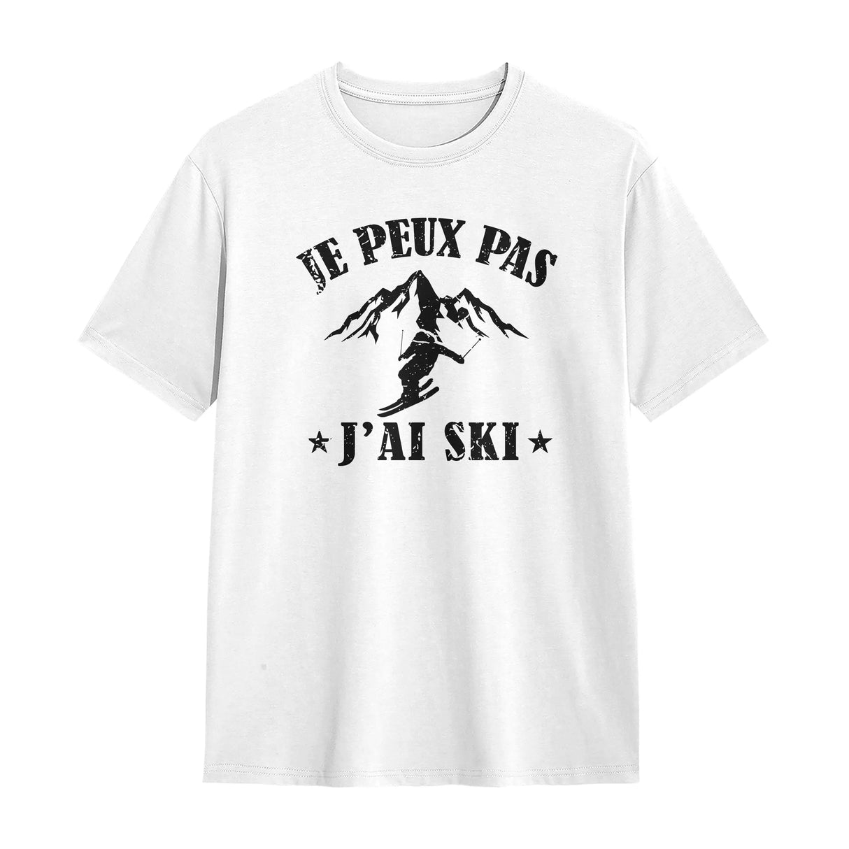T-shirt ski blanc avec slogan J'peux pas j'ai ski typographie noire et silhouette skieur