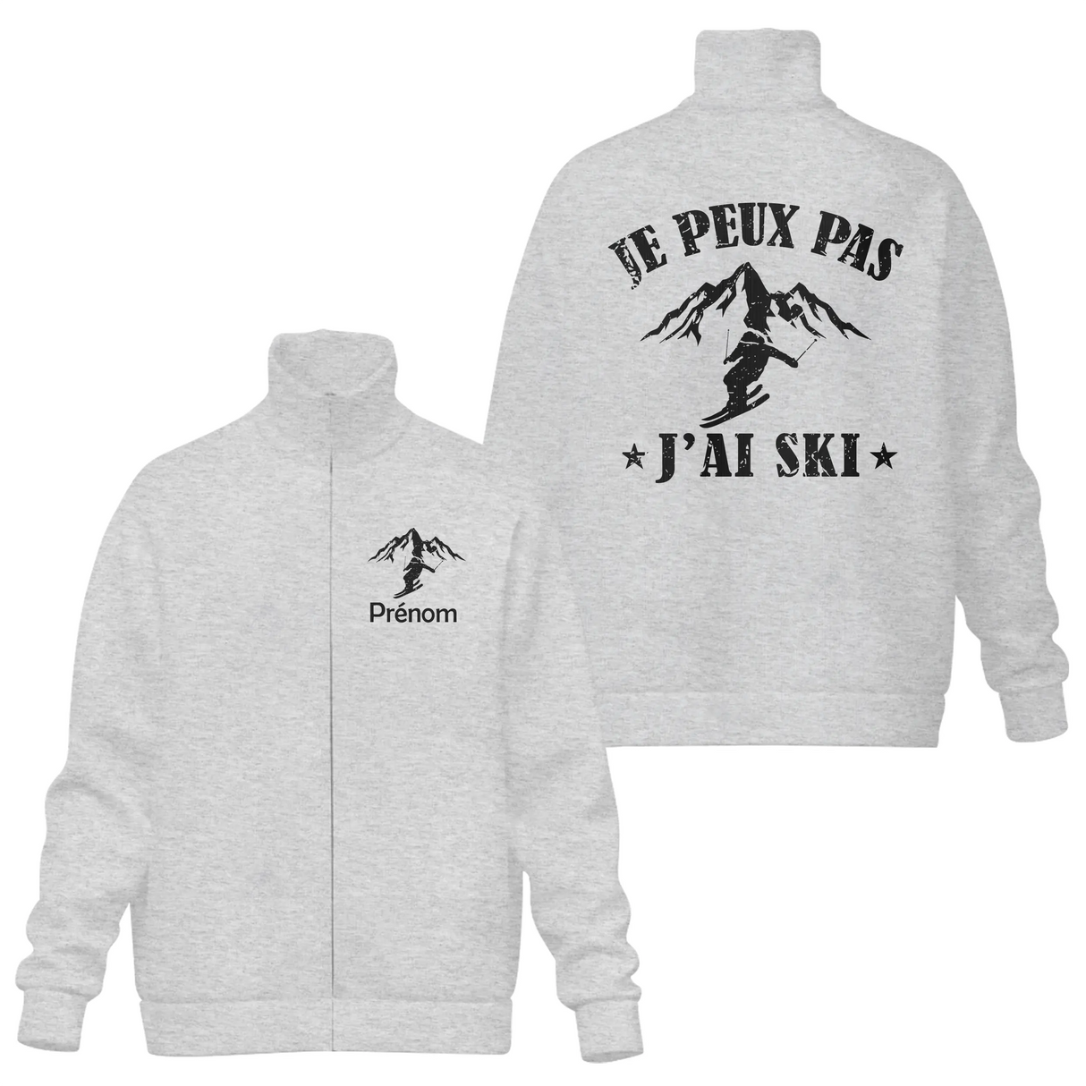 Veste col montant ski grise avec slogan J'peux pas j'ai ski et silhouette skieur en virage