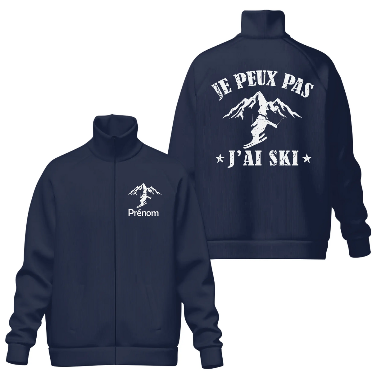 Veste col montant ski bleu marine avec slogan J'peux pas j'ai ski montagne et skieur silhouette