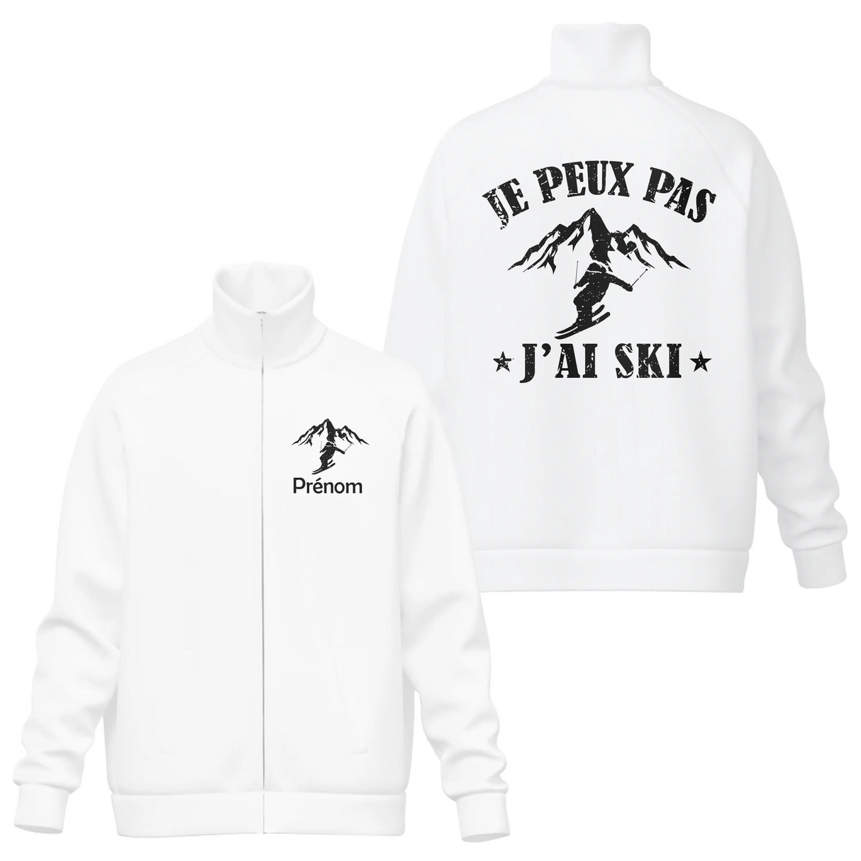 Veste col montant ski blanche avec slogan Je peux pas j'ai ski typographie noire montagne