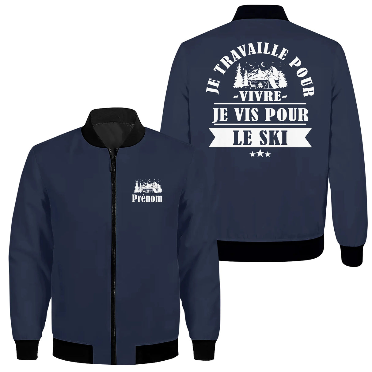 Veste zippée passion ski bleu marine avec slogan Je vis pour le ski et bivouac montagne