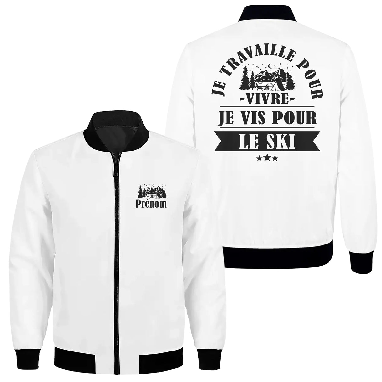Veste zippée passion ski blanche avec slogan Je vis pour le ski typographie noire bivouac