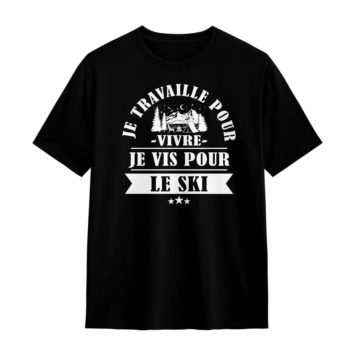 T-shirt passion ski noir avec slogan Je vis pour le ski typographie blanche bivouac