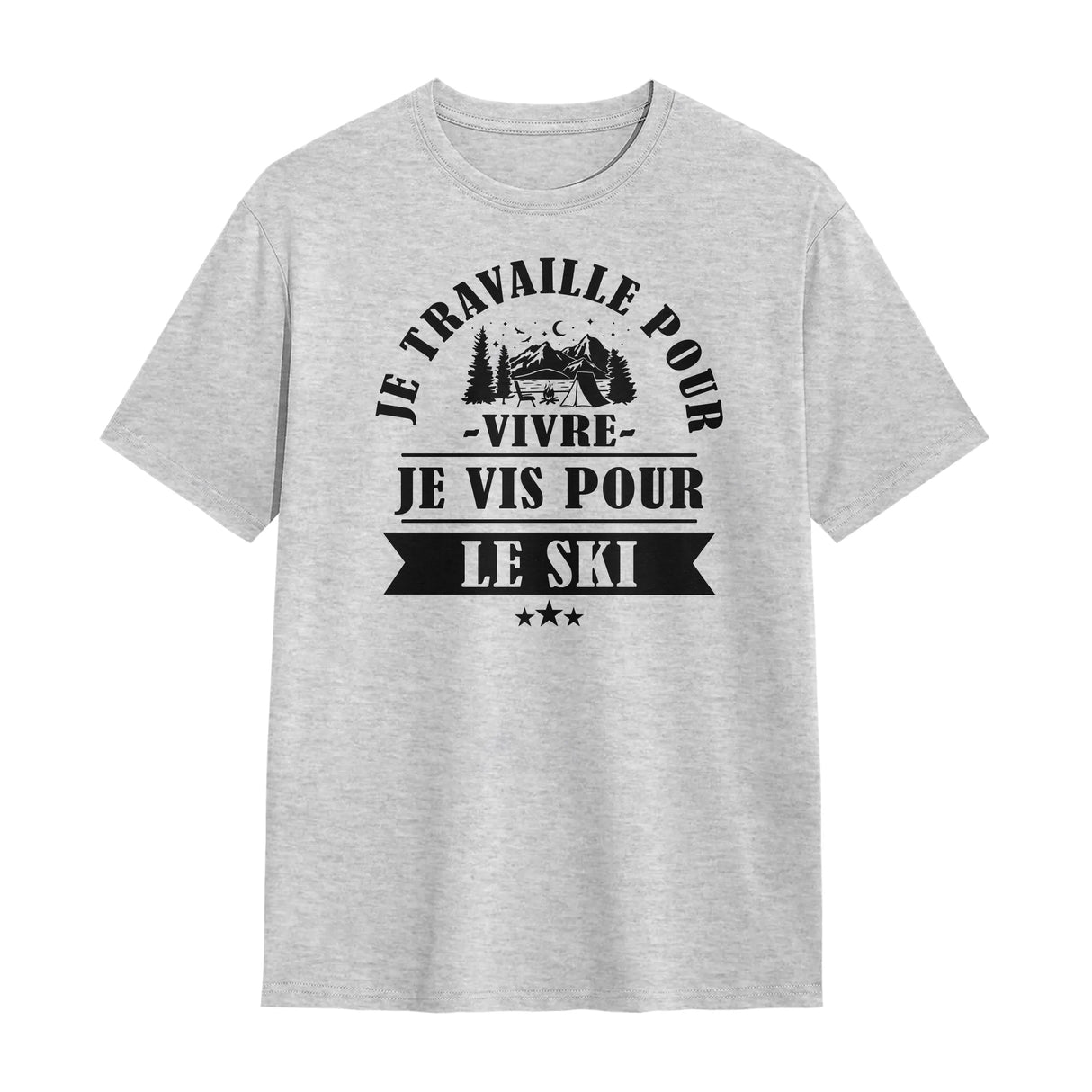 T-shirt passion ski gris avec slogan Je travaille pour vivre je vis pour le ski blanc