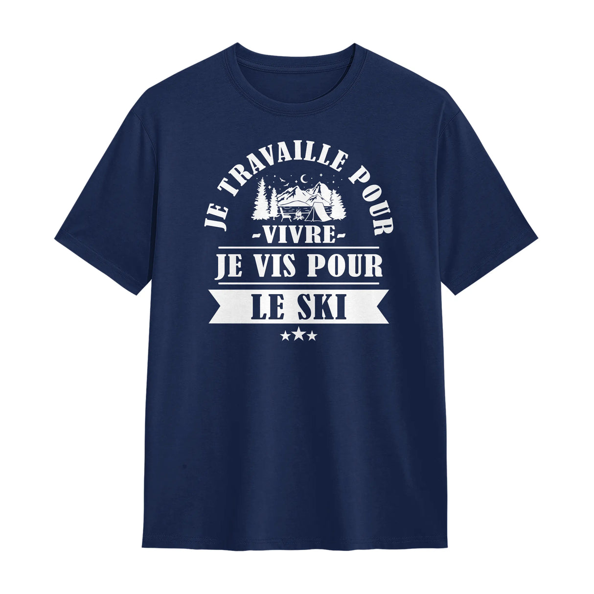 T-shirt passion ski bleu marine avec slogan Je vis pour le ski et étoiles décoratives