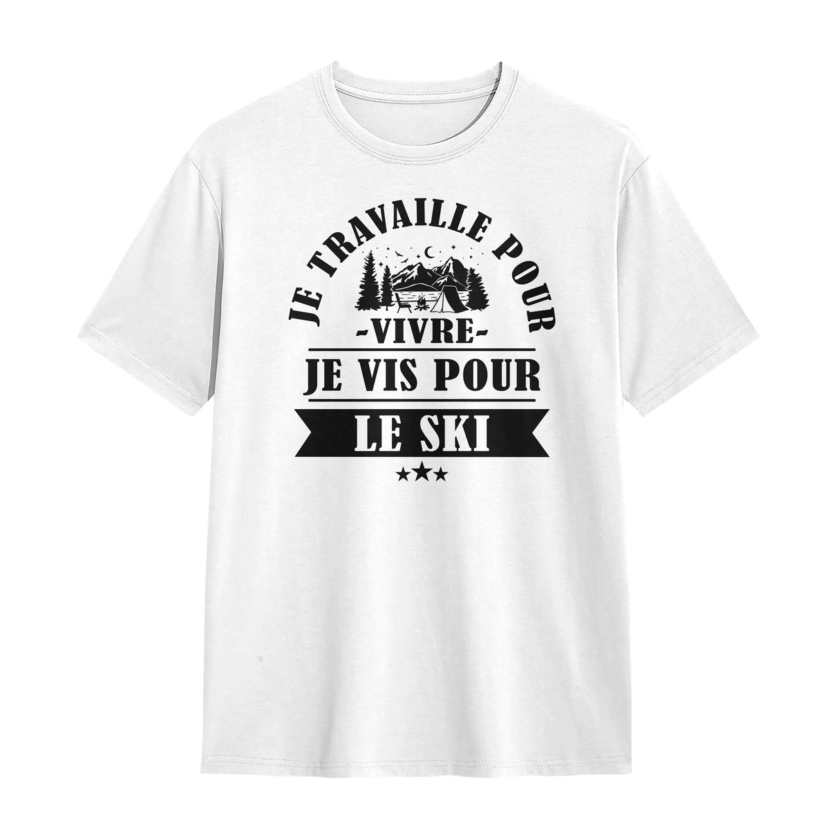 T-shirt passion ski blanc avec slogan Je vis pour le ski typographie noire bivouac montagne