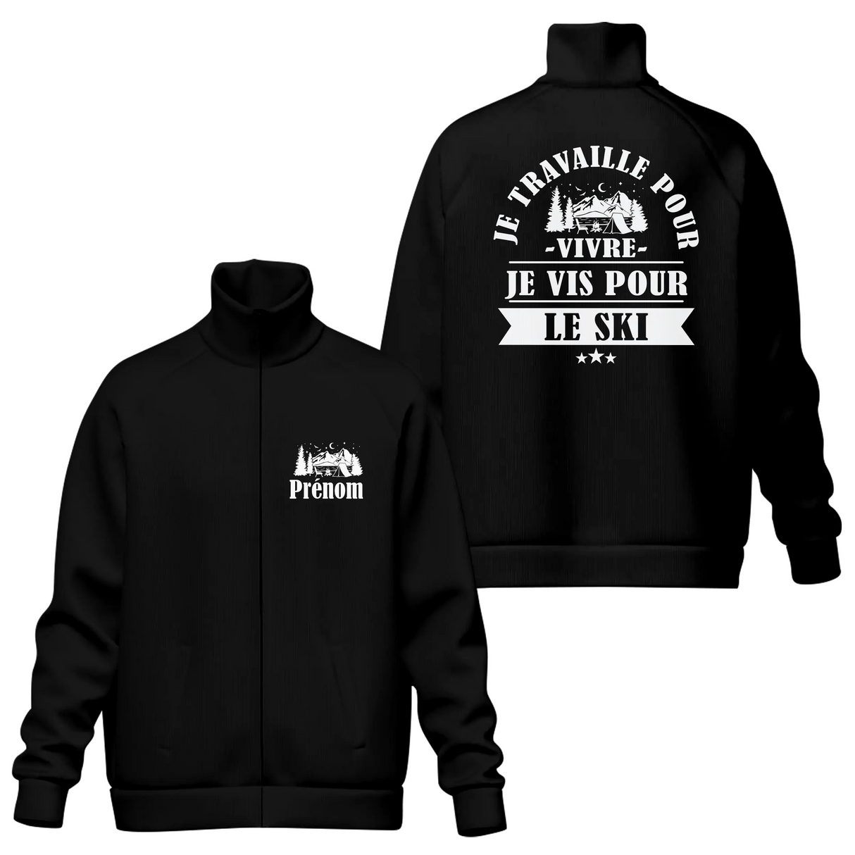 Veste col montant passion ski noire slogan Je travaille pour vivre je vis pour le ski blanc
