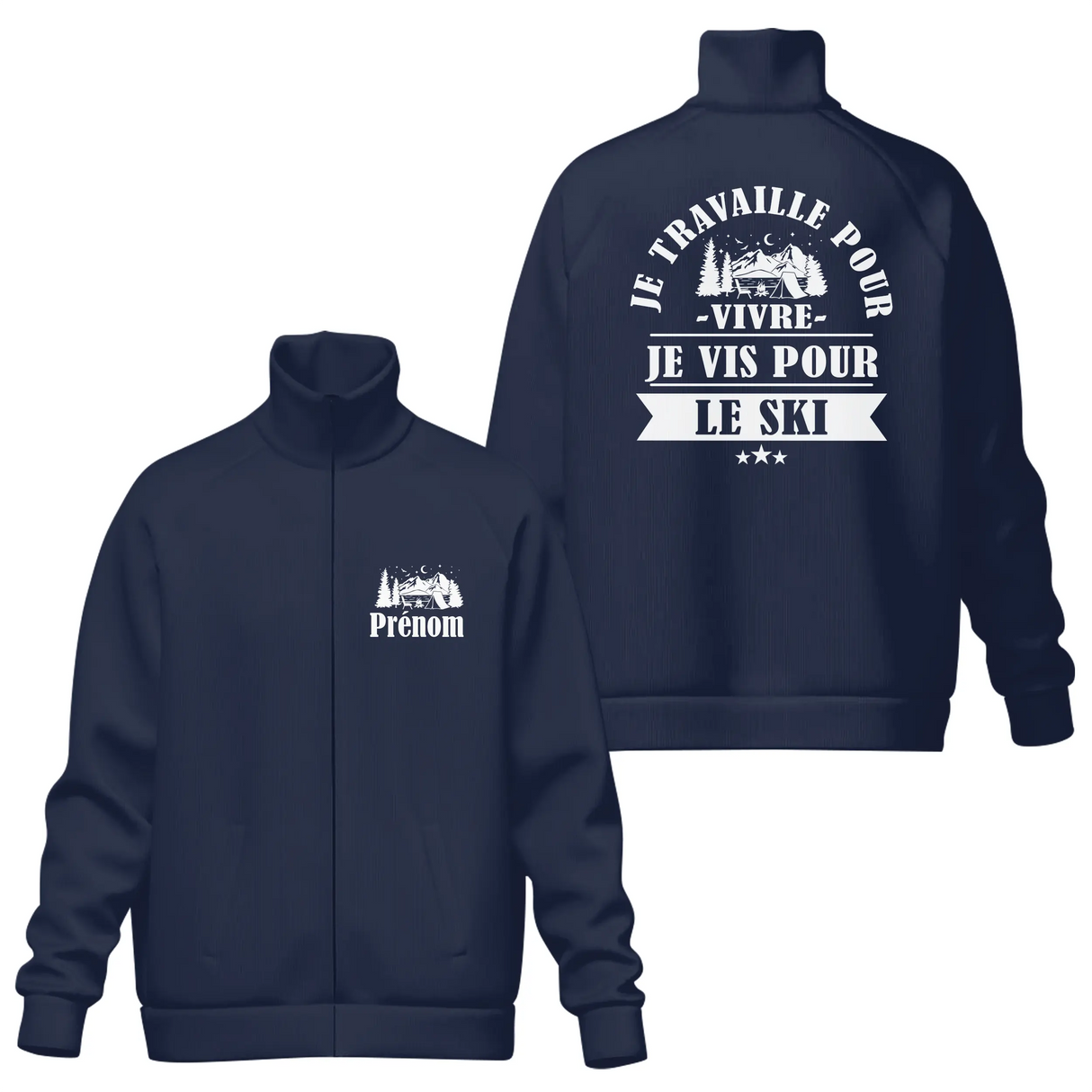 Veste col montant passion ski bleu marine slogan Je vis pour le ski et étoiles décoratives