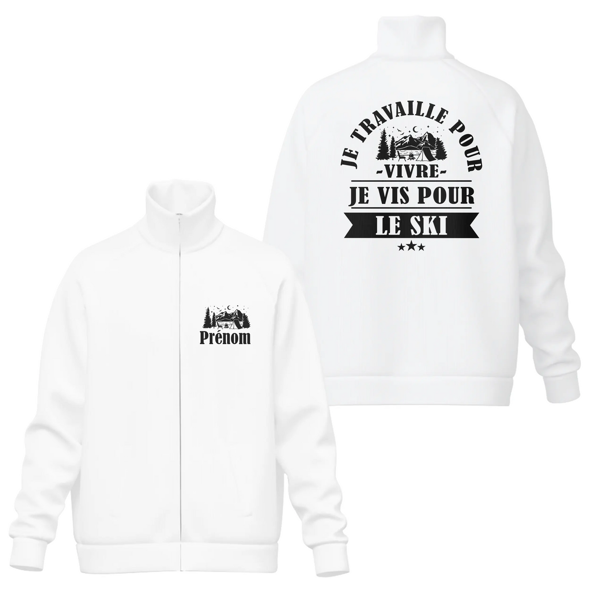 Veste col montant passion ski blanche avec slogan Je vis pour le ski typographie noire