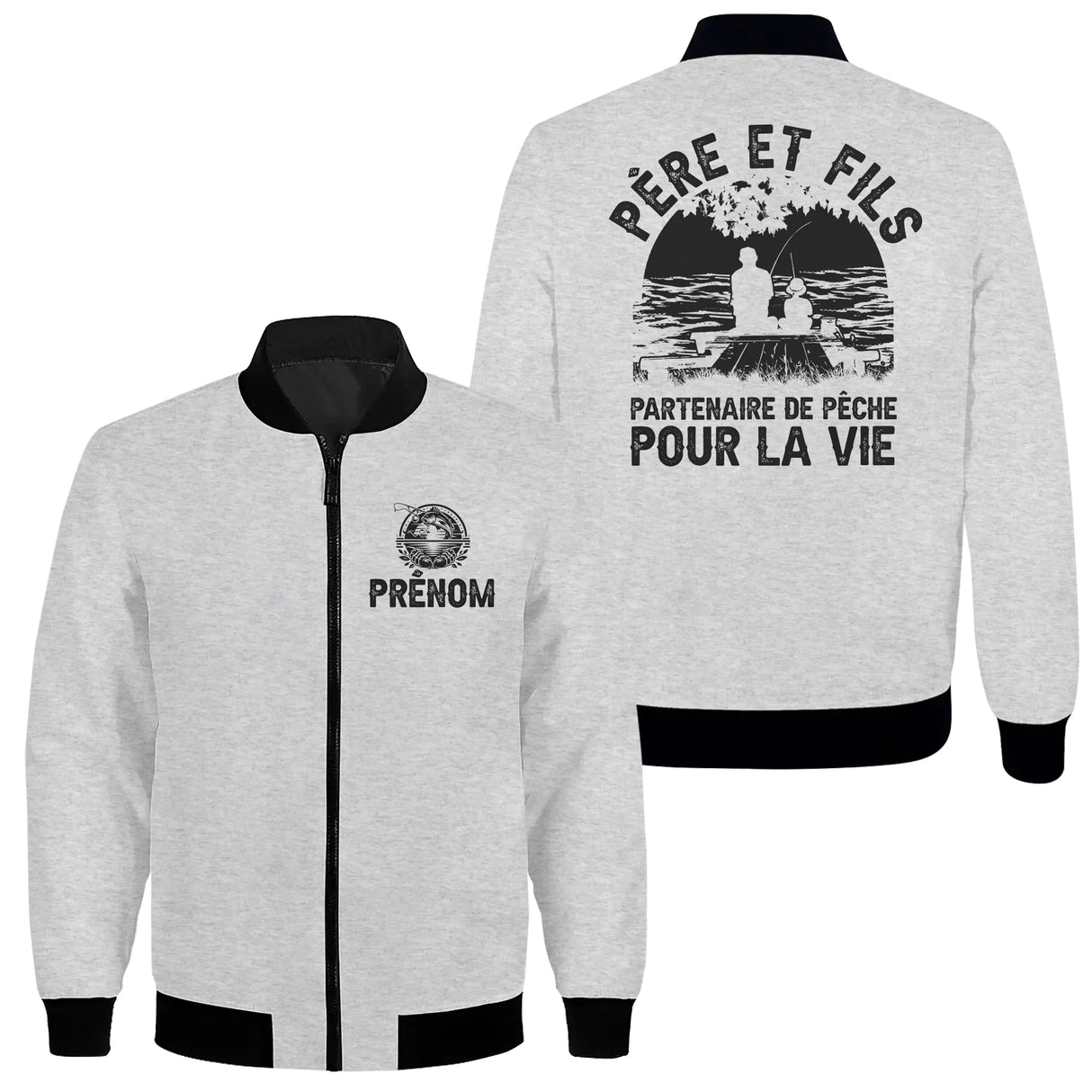 Veste zippée père et fils pêche grise avec slogan Partenaire de pêche silhouette duo eau