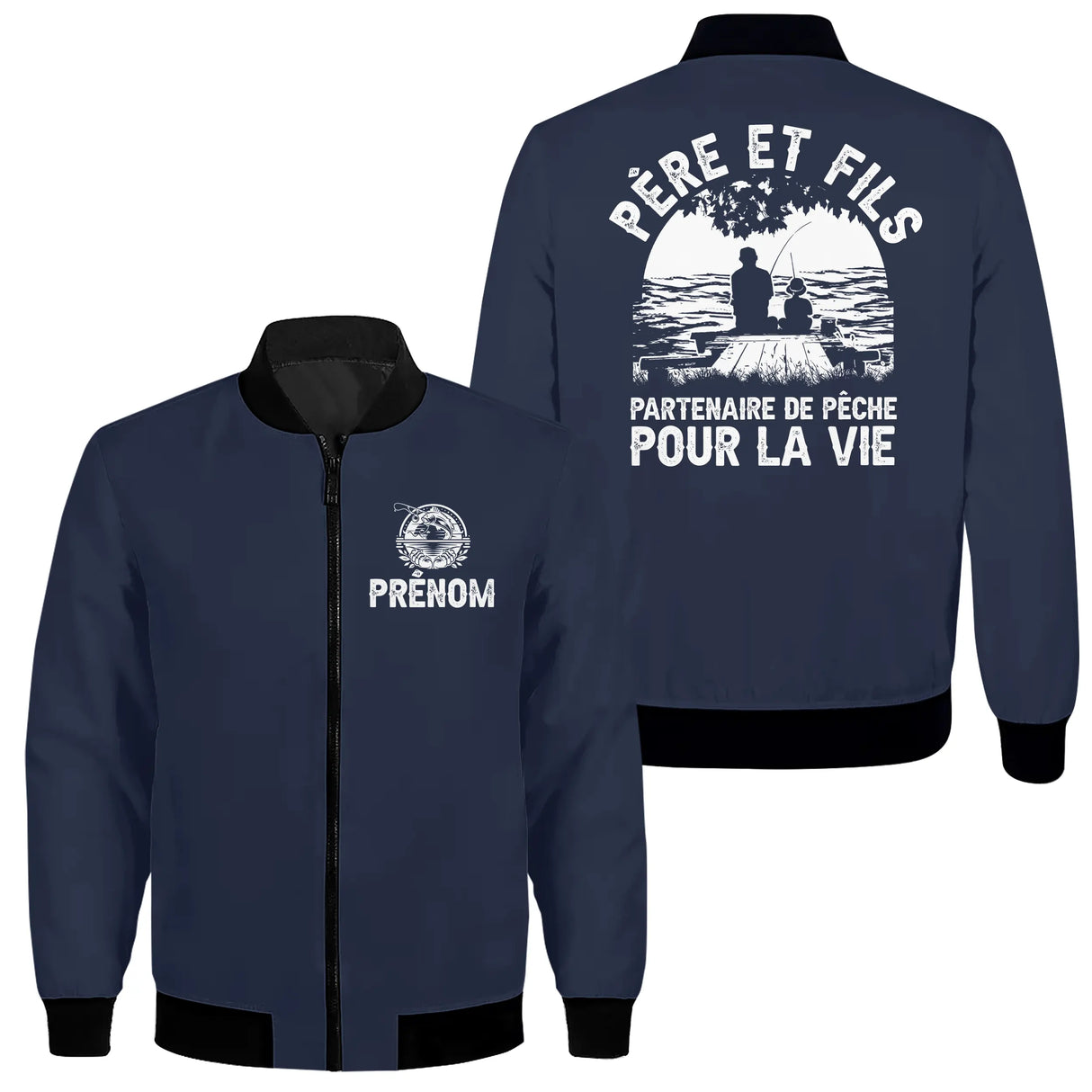 Veste zippée père et fils pêche bleu marine avec slogan Partenaire de pêche pour la vie