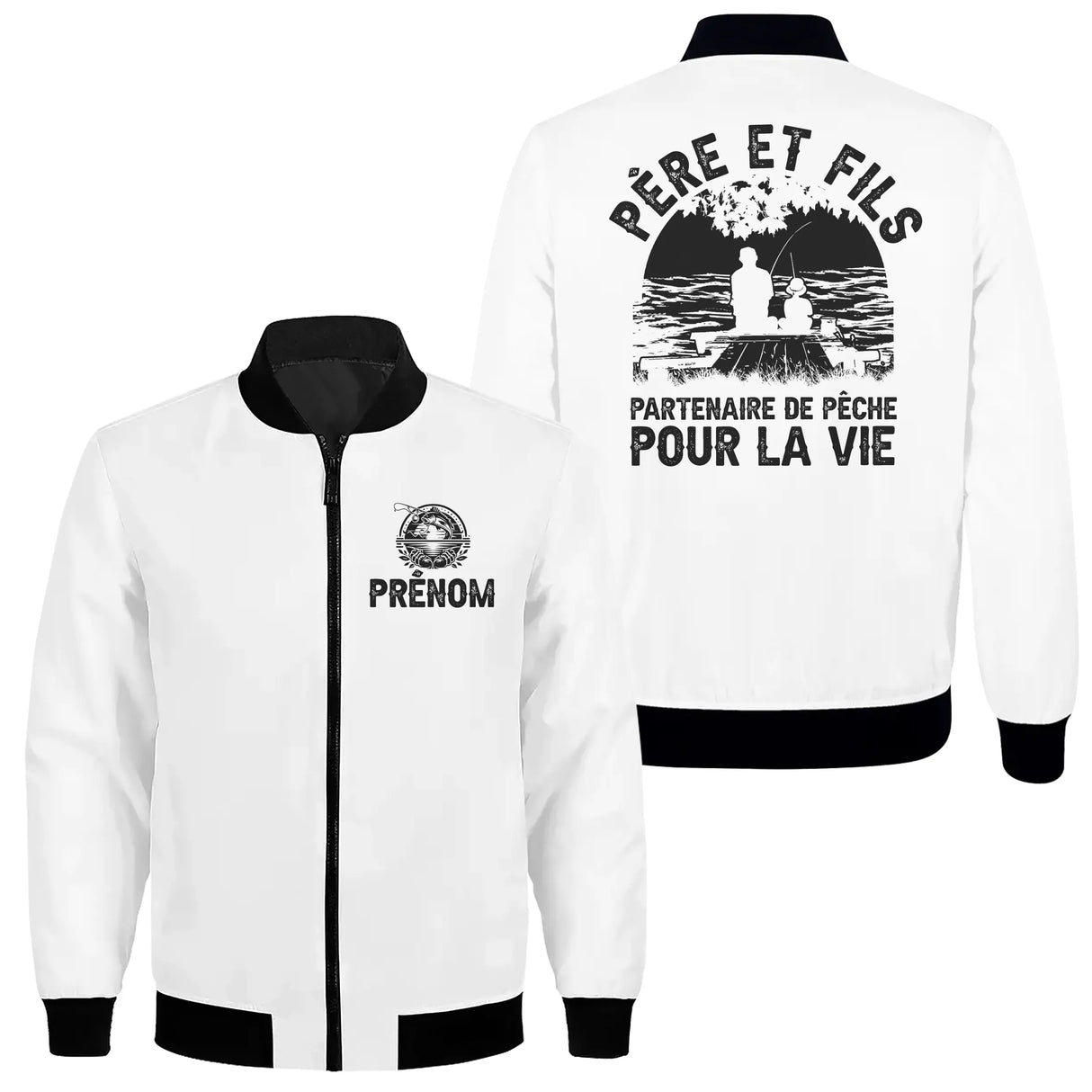 Veste zippée père et fils pêche blanche avec slogan Partenaire de pêche silhouette duo cannes
