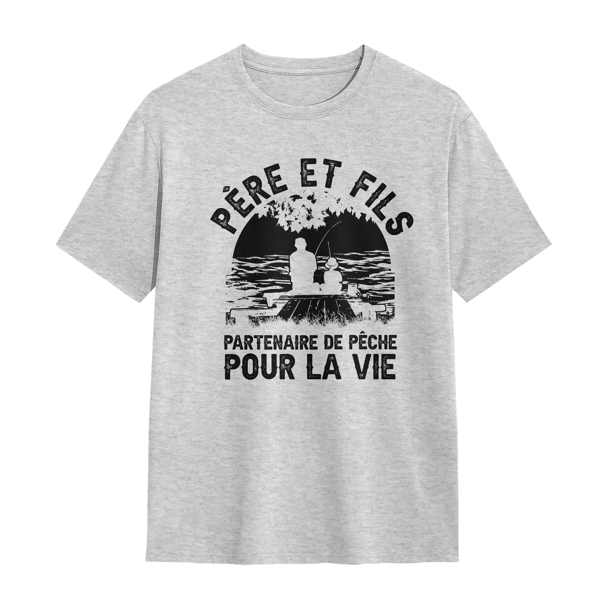 T-shirt père et fils pêche gris avec slogan Partenaire de pêche pour la vie silhouette duo