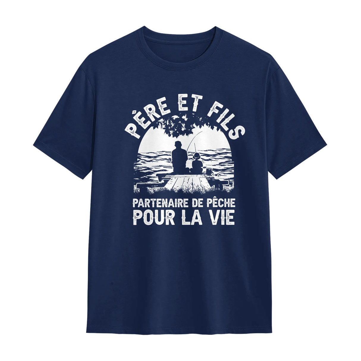 T-shirt père et fils pêche bleu marine avec slogan Partenaire de pêche silhouette duo cannes