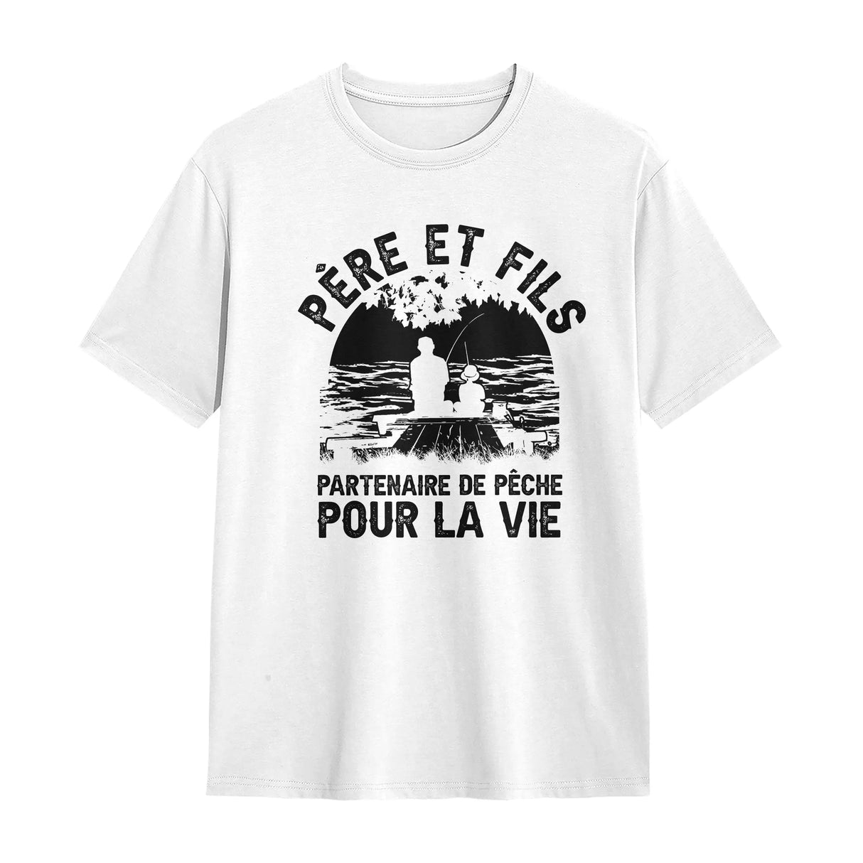 T-shirt père et fils pêche blanc avec slogan Partenaire de pêche typographie noire silhouette